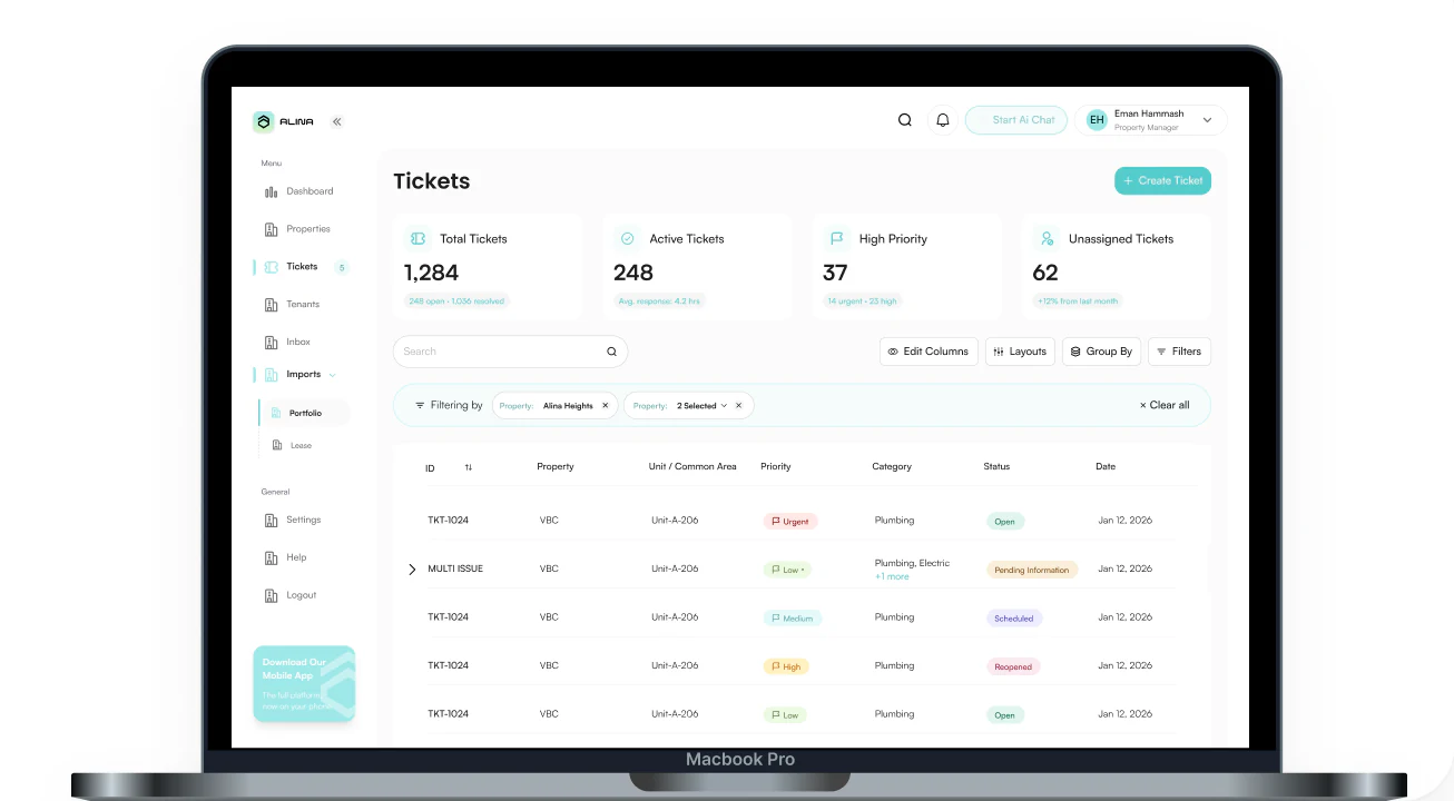 Alina tickets dashboard on a laptop