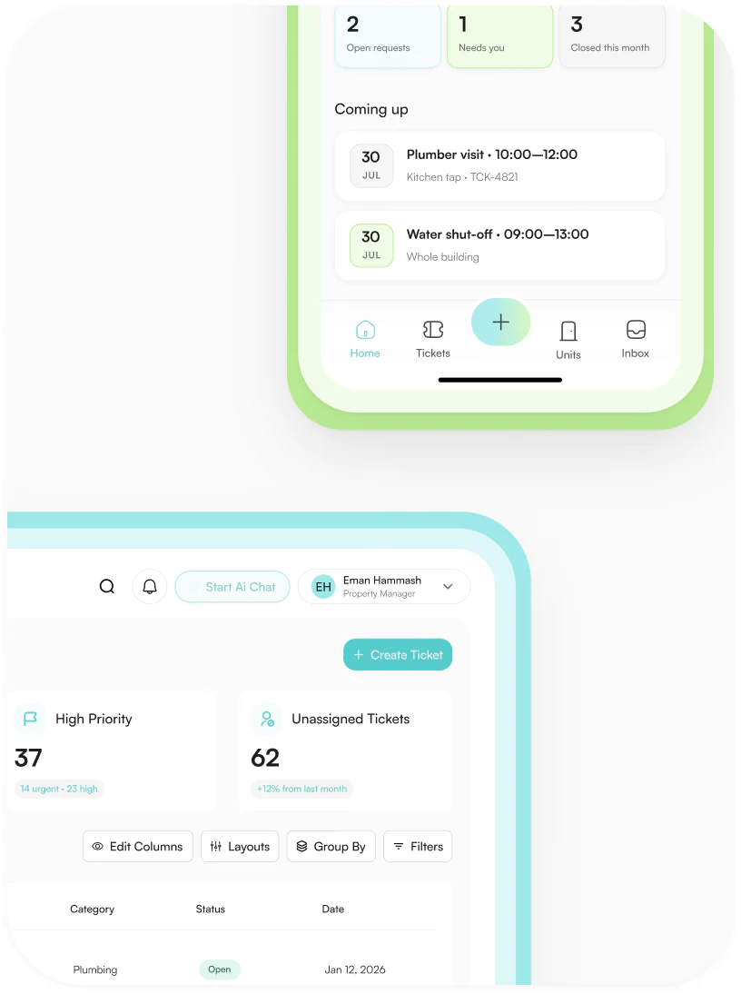 Tenant app and manager dashboard creating a ticket